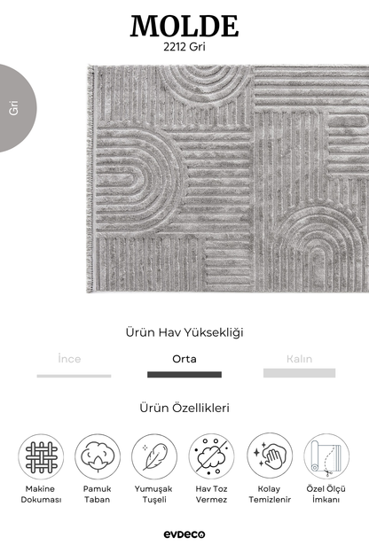Evdeco Molde 2212 Gri Etnik Desenli Modern Salon Halısı
