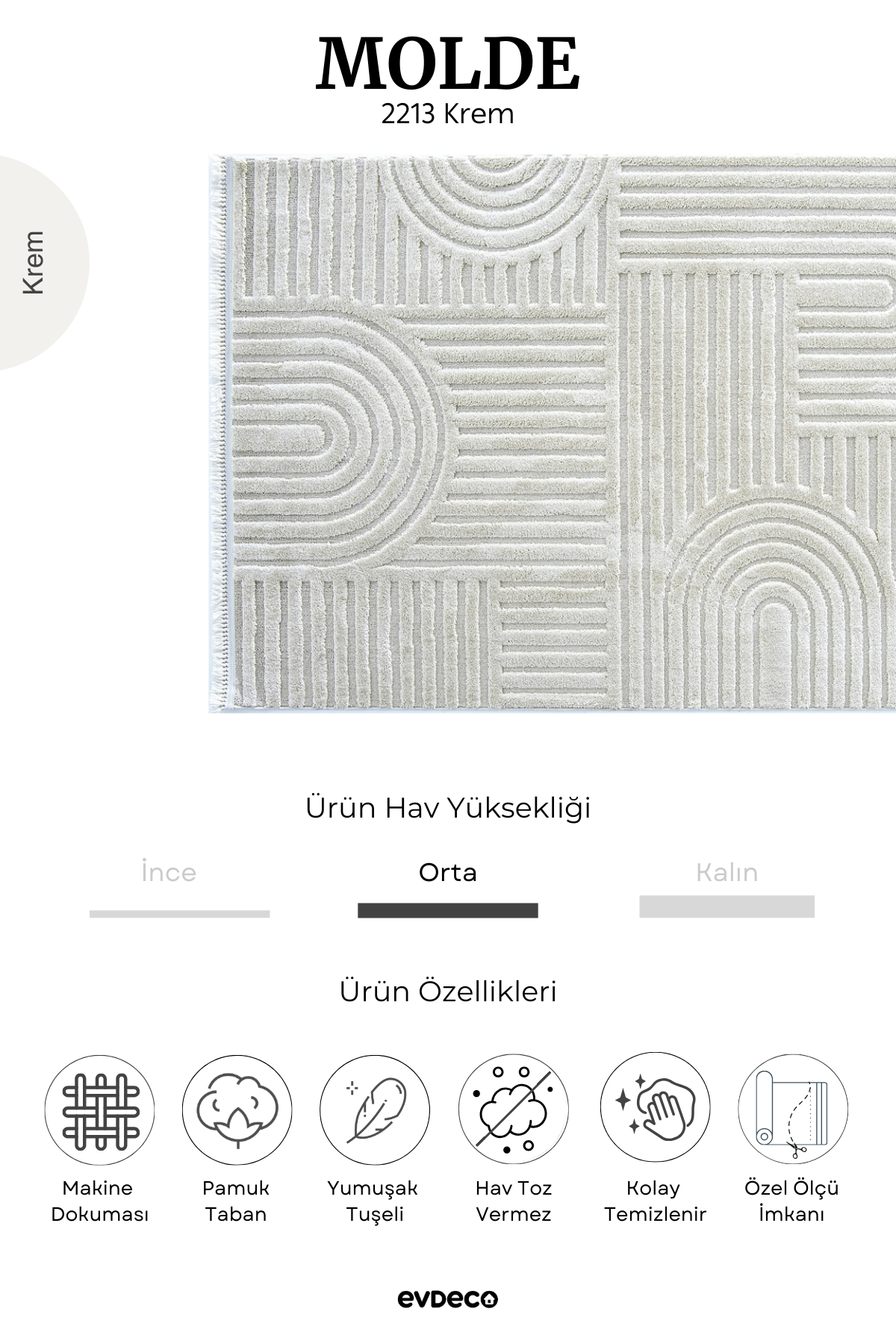 Evdeco Molde 2213 Krem Etnik Desenli Modern Salon Halısı