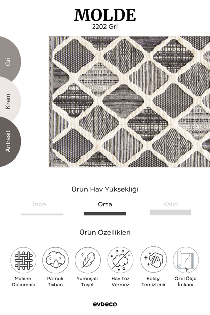 Evdeco Molde 2202 Gri Etnik Desenli Modern Salon Halısı