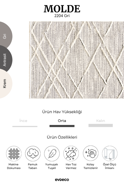 Evdeco Molde 2204 Gri Etnik Desenli Modern Salon Halısı