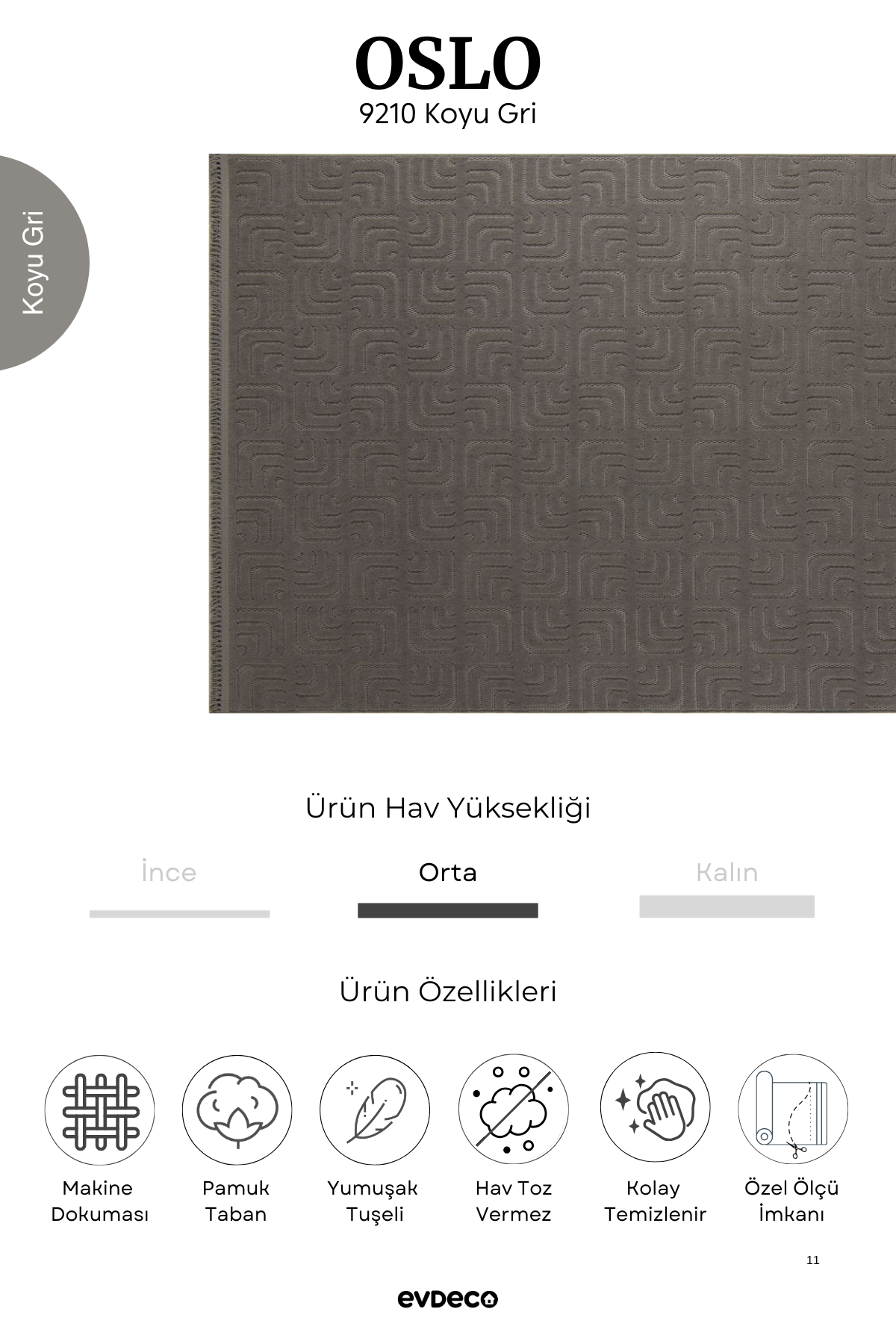 Evdeco Oslo 9210 Koyu Gri Yumuşak Tuşeli Modern Kesme Halı