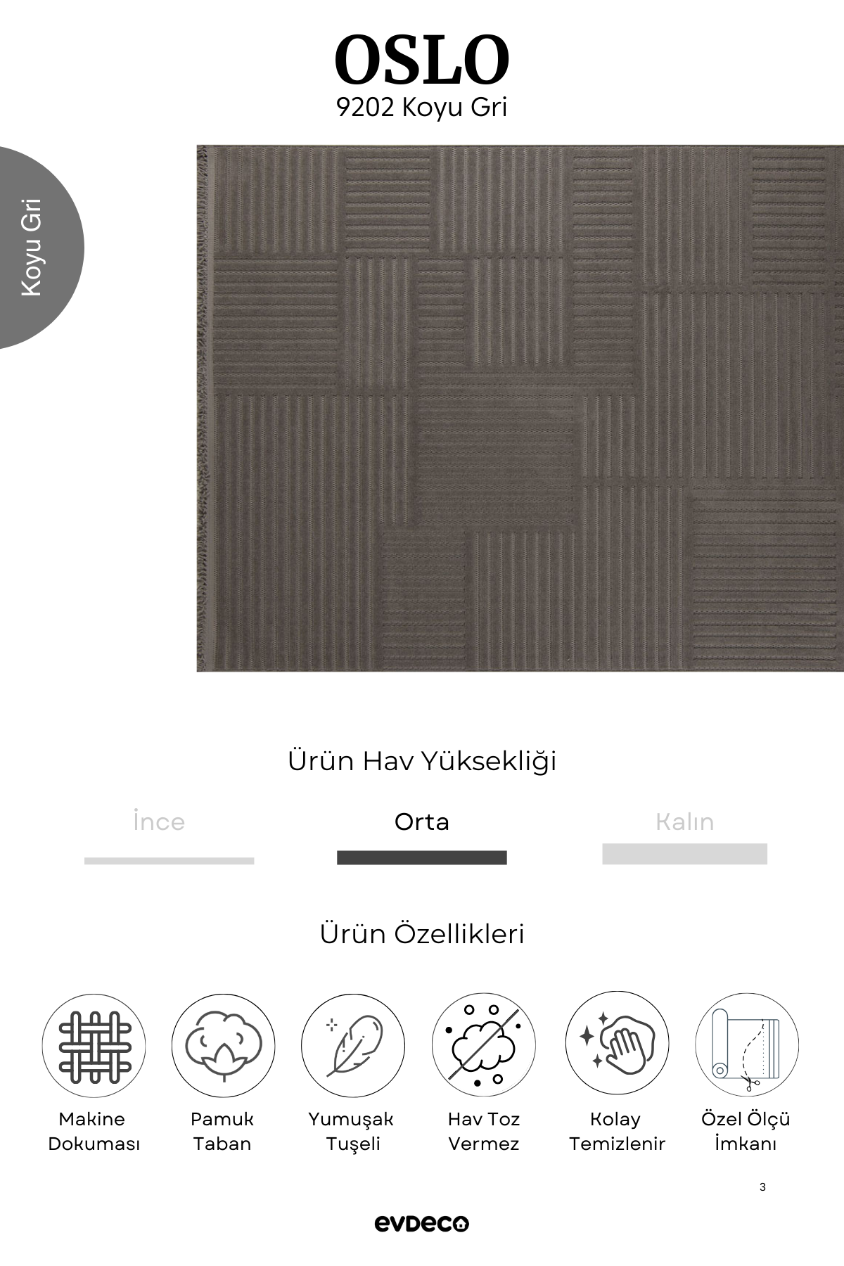 Evdeco Oslo 9202 Koyu Gri Yumuşak Tuşeli Modern Kesme Halı