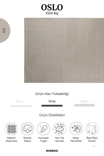 Evdeco Oslo 9204 Bej Yumuşak Tuşeli Modern Kesme Halı