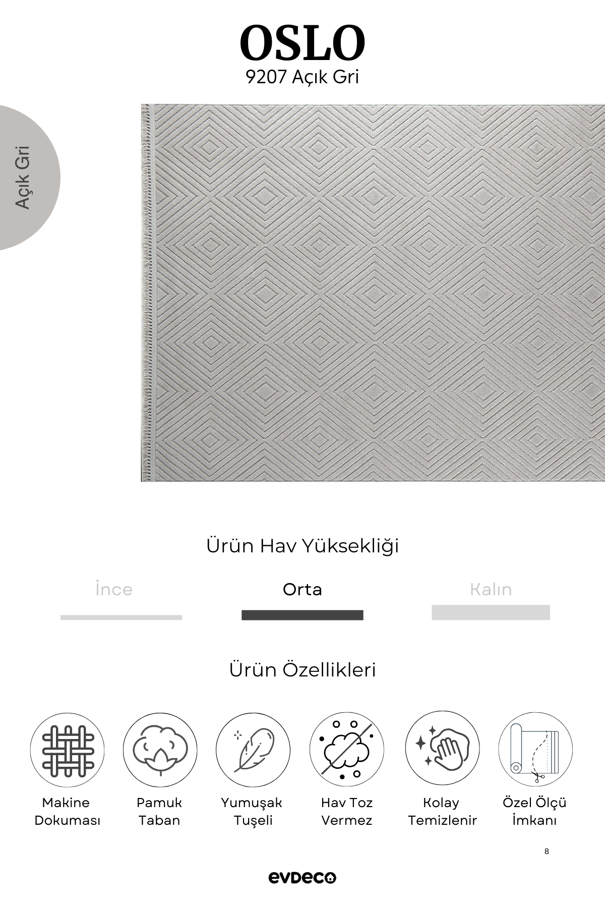 Evdeco Oslo 9207 Açık Gri Yumuşak Tuşeli Modern Kesme Halı