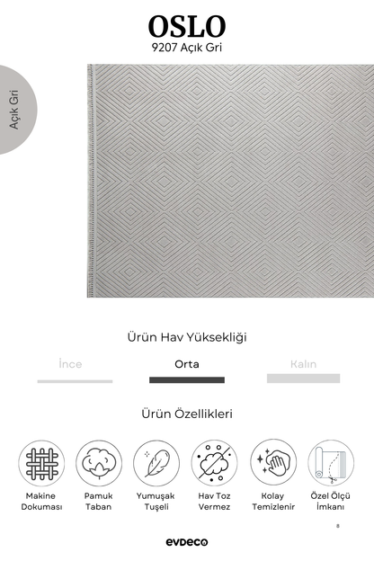 Evdeco Oslo 9207 Açık Gri Yumuşak Tuşeli Modern Kesme Halı