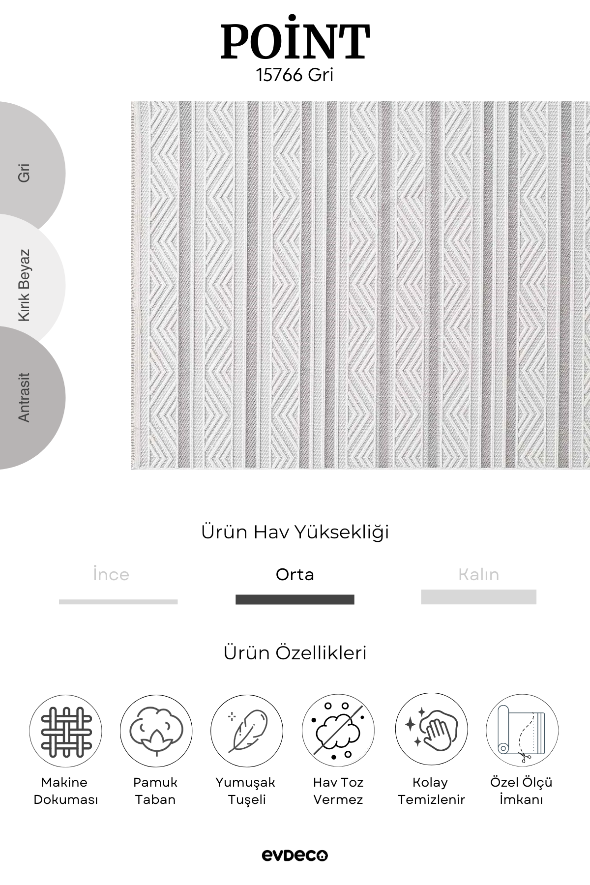 Evdeco Point 15766 Gri Bukle Halı