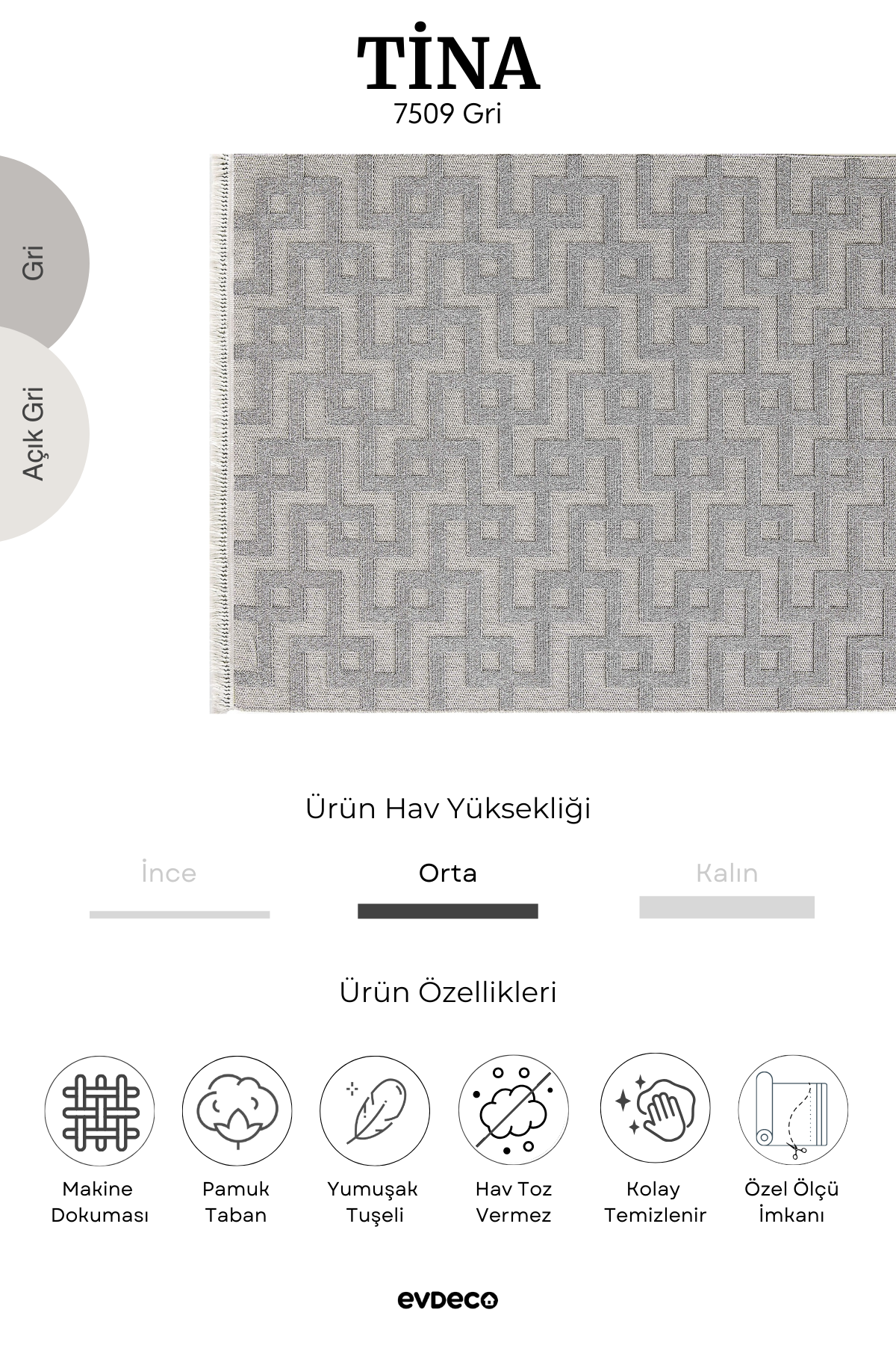 Evdeco Tina 7509 Gri Yumuşak Tuşeli Kesme Halı