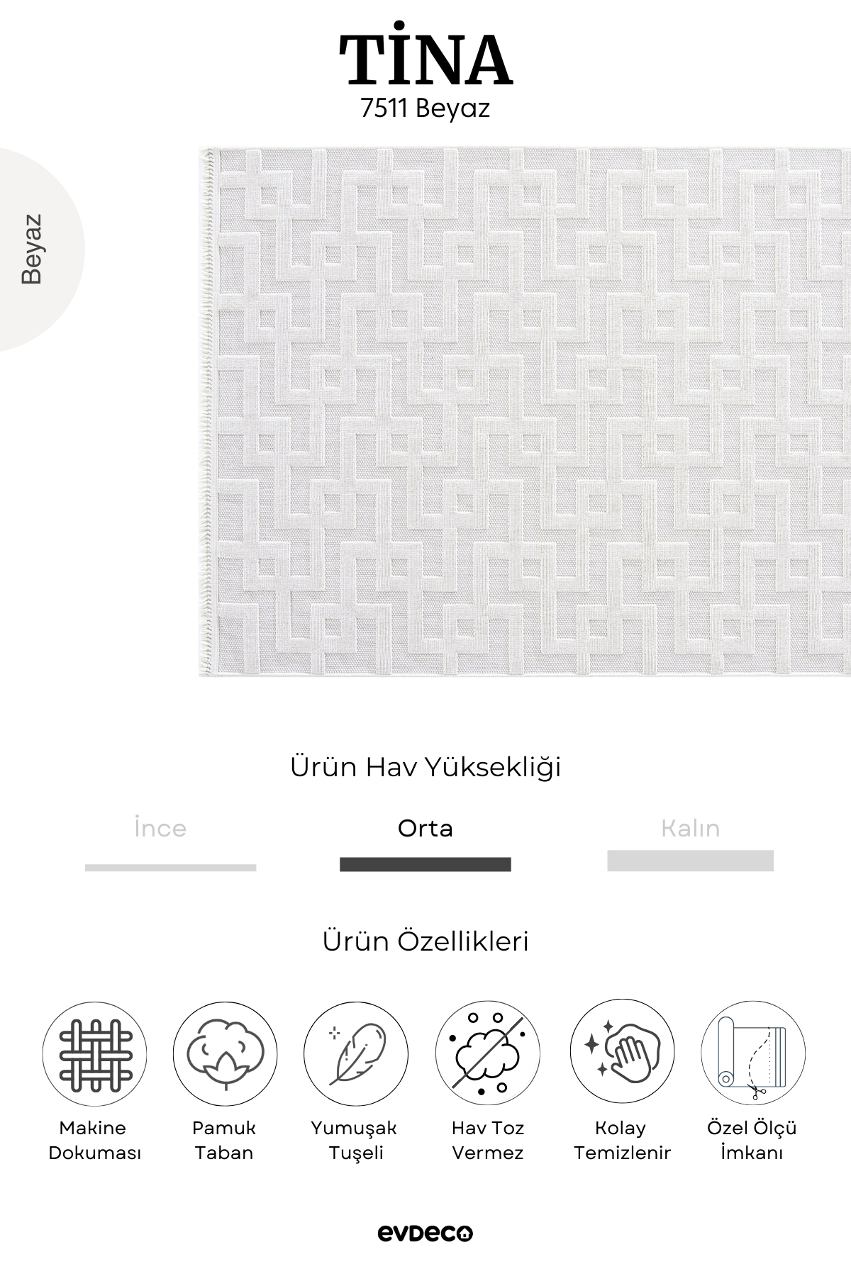 Evdeco Tina 7511 Beyaz Yumuşak Tuşeli Kesme Halı
