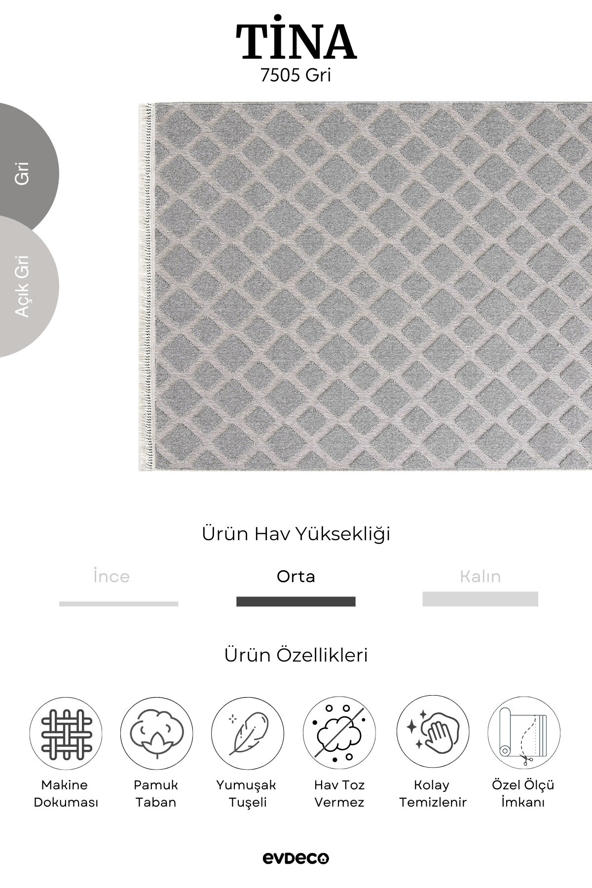 Evdeco Tina 7505 Gri Yumuşak Tuşeli Kesme Halı