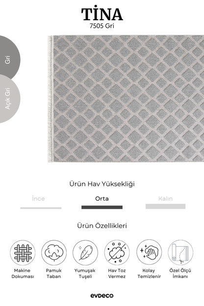 Evdeco Tina 7505 Gri Yumuşak Tuşeli Kesme Halı
