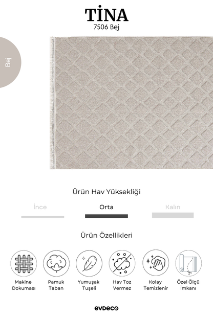 Evdeco Tina 7506 Bej Yumuşak Tuşeli Kesme Halı