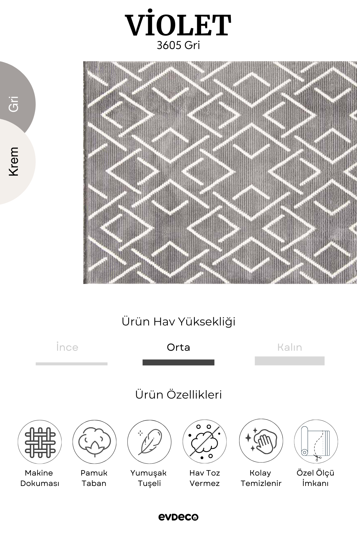 Evdeco Violet 3605 Gri Yumuşak Dokulu Modern Salon Halısı