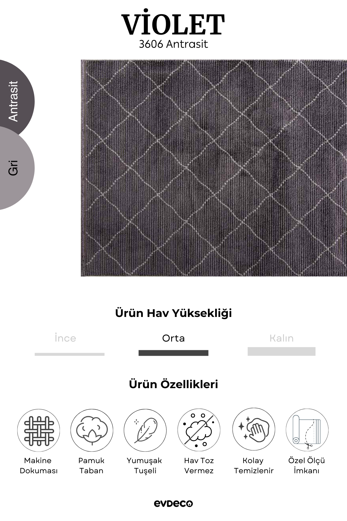 Evdeco Violet 3606 Anthracite Soft Textured Modern Living Room Carpet
