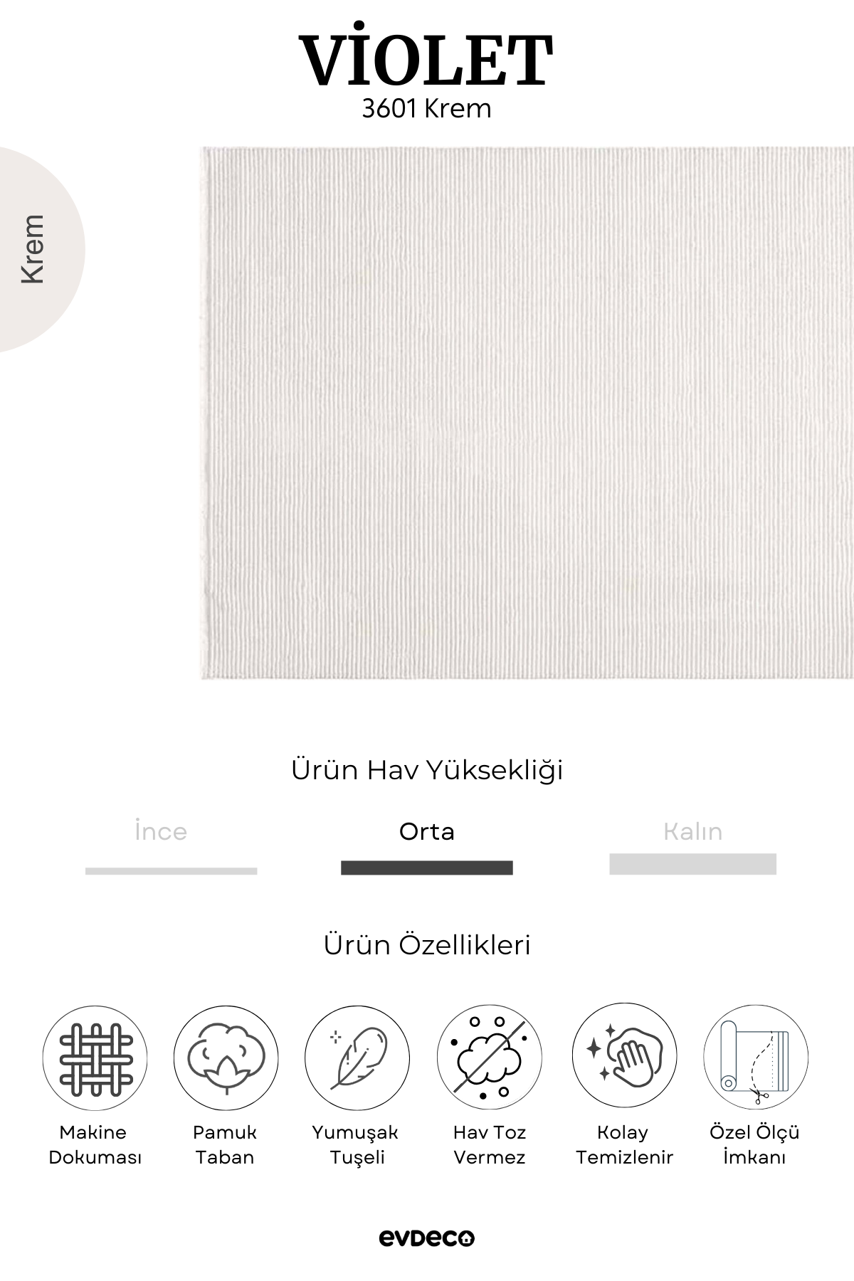 Evdeco Violet 3601 Krem Yumuşak Dokulu Modern Salon Halısı